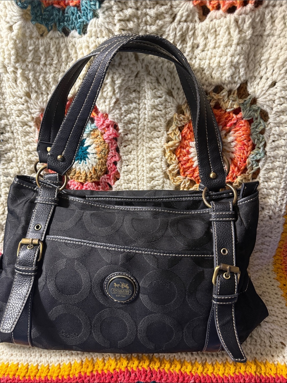 Coach Vintage Black Shoulder Bag with White Stitching